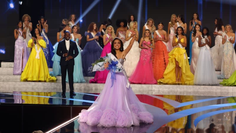 UmaSofia Srivastava celebrates after winning Miss Teen USA in Reno, Nev., Sept. 28, 2023.