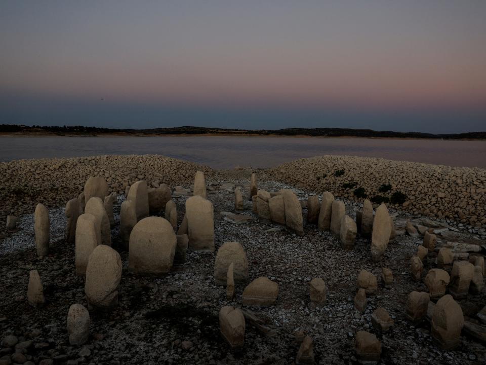 The dolmen of Guadalperal, also known as the Spanish Stonehenge, is seen due to the receding waters of the Valdecanas reservoir in the outskirts of El Gordo