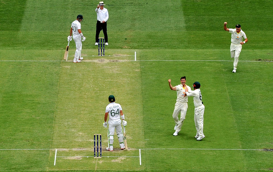 Pat Cummins, pictured here celebrating after dismissing Dean Elgar in the first Test at the Gabba.