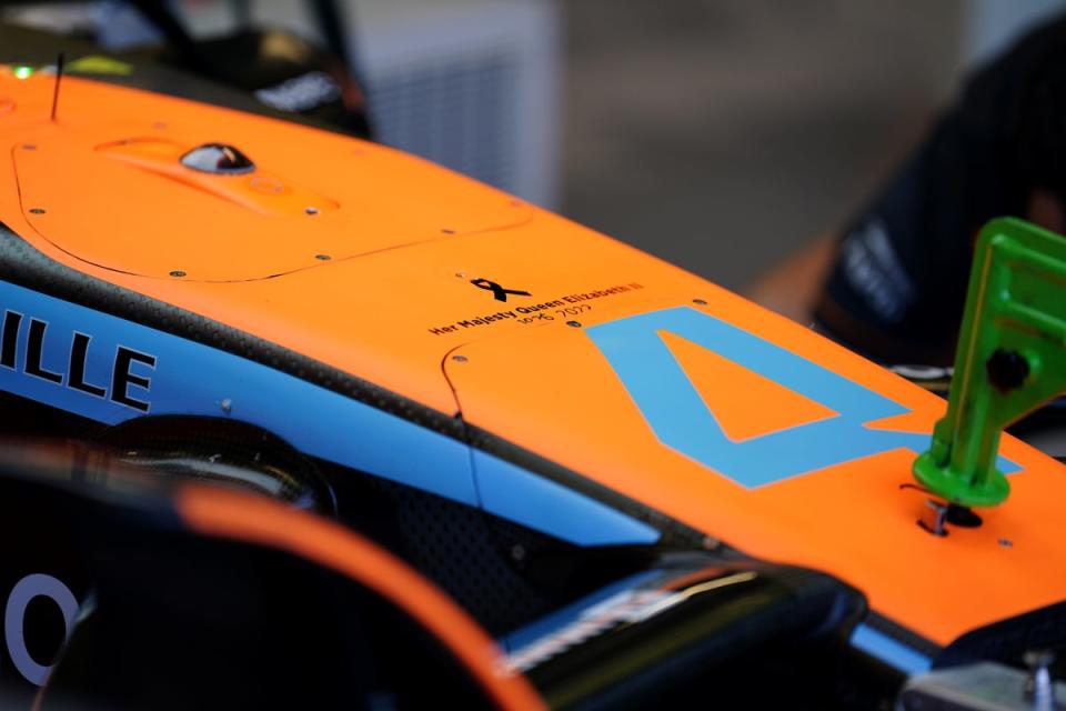 Fellow British driver Lando Norris had a message of remembrance on the nose cone of his McLaren for the race (David Davies/PA) (PA Wire)