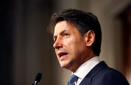 Newly appointed Italy Prime Minister Giuseppe Conte speaks to the media after the consultation with the Italian President Sergio Mattarella at the Quirinal Palace in Rome, Italy, May 23, 2018. REUTERS/Alessandro Bianchi