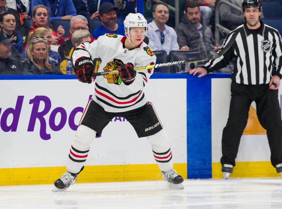 TAMPA, FL - FEBRUARY 27: Olli Maatta #6 of the Chicago Blackhawks against the Tampa Bay Lightning at Amalie Arena on February 27, 2020 in Tampa, Florida. (Photo by Scott Audette /NHLI via Getty Images)