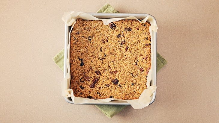 baked protein oatmeal in a square pan