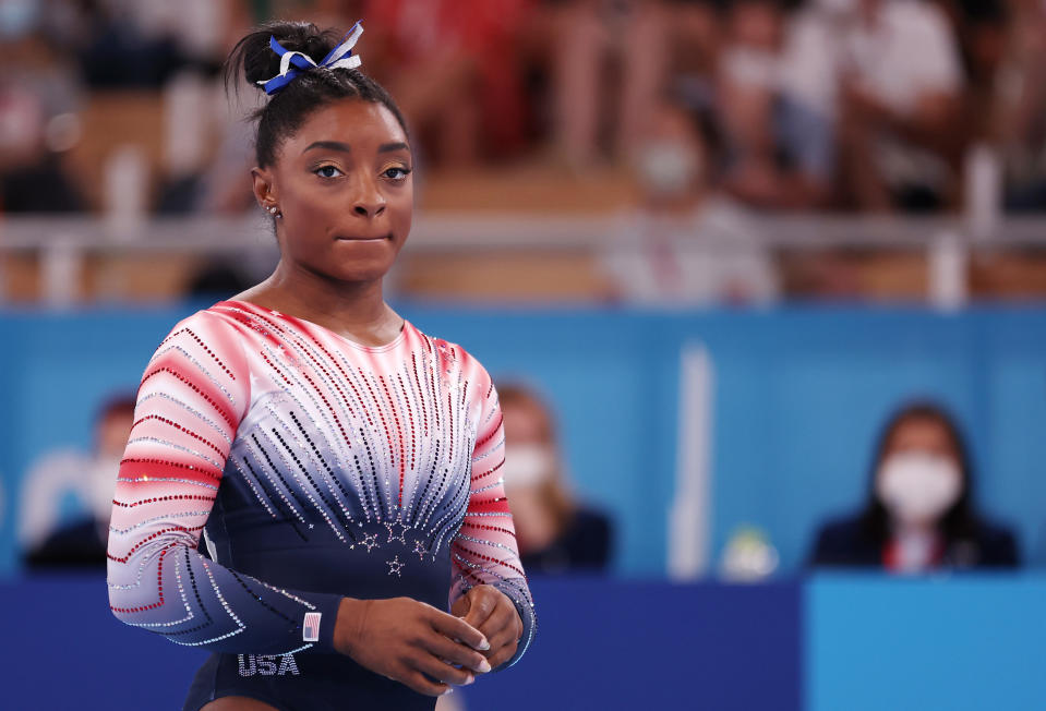 TOKYO, JAPAN - AUGUST 03: Simone Biles of Team United States competes in the Women's Balance Beam Final on day eleven of the Tokyo 2020 Olympic Games at Ariake Gymnastics Centre on August 03, 2021 in Tokyo, Japan. (Photo by Jamie Squire/Getty Images)