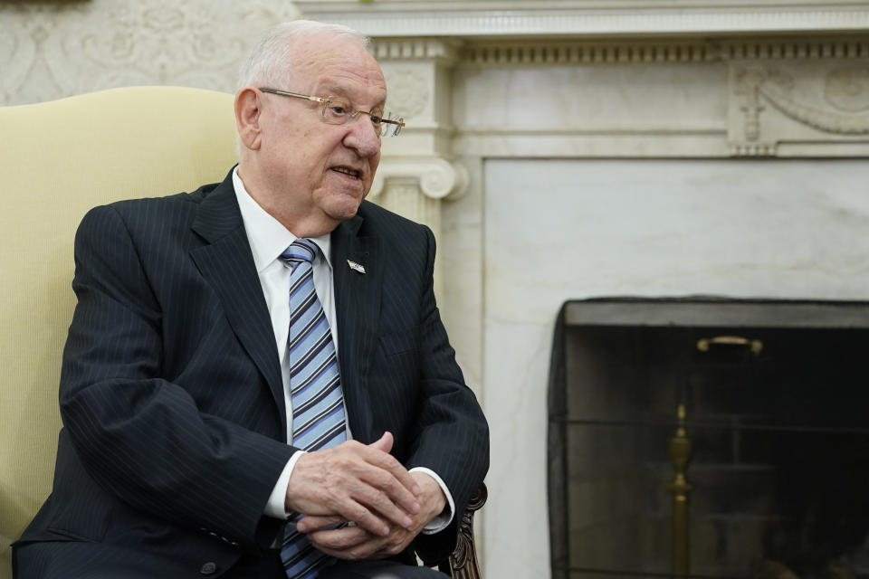 Israeli President Reuven Rivlin speaks during his meeting with President Joe Biden in the Oval Office of the White House in Washington, Monday, June 28, 2021. (AP Photo/Susan Walsh)