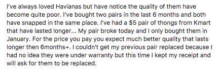 A Facebook complaint on the Havaianas Australia Facebook page.