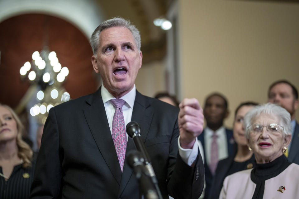 FILE - Speaker of the House Kevin McCarthy, R-Calif., joined at right by Rep. Virginia Foxx, R-N.C., chair of the House Education Committee, talks to reporters after the House narrowly passed the "Parents' Bill of Rights Act," at the Capitol in Washington, March 24, 2023. McCarthy says he’s growing increasingly concerned about President Joe Biden’s unwillingness to negotiate on lifting the nation’s borrowing authority. He says in a letter to the president dated Tuesday that the White House position “could prevent America from meeting its obligations and hold dire ramifications for the entire nation.” (AP Photo/J. Scott Applewhite, File)