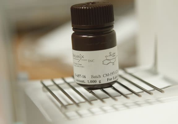 One gram of psilocybin is seen on a scale at New York University, April 13, 2010.