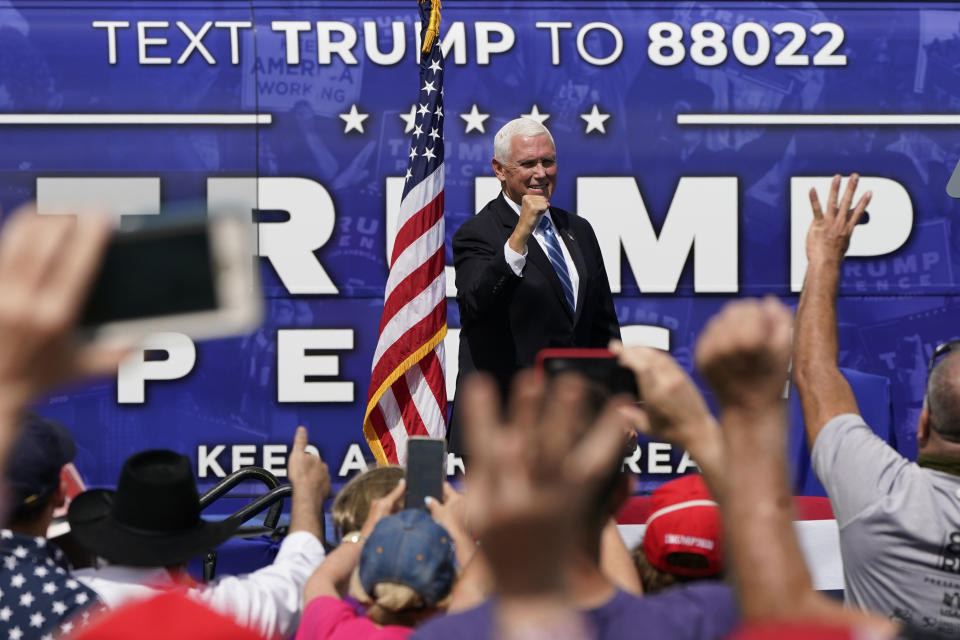 Vice President Mike Pence speaks at a campaign rally at the Cuban Memorial Monument, Thursday, Oct. 15, 2020, in Miami. (AP Photo/Lynne Sladky)