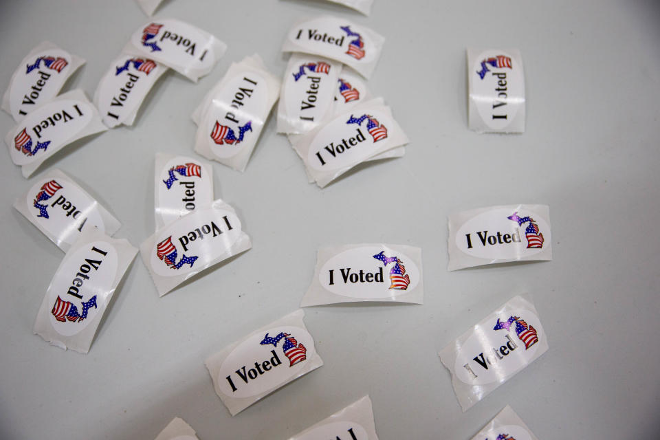 The classic I voted sticker awaits voters after they submit their ballots for Holland's city election Tuesday, Nov. 2, 2021, at Holland Heights Christian Reformed Church.  