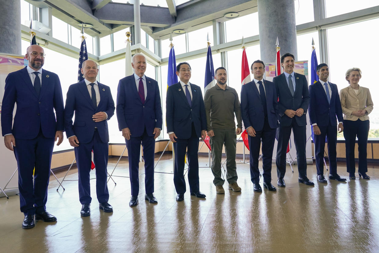 President Biden, third from left, and Ukrainian President Volodymyr Zelenskyy, center, and other G7 leaders pose for a photo before a working session on Ukraine during the G7 Summit in Hiroshima, Japan, Sunday, May 21, 2023. (AP)