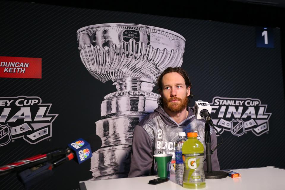 TAMPA, FL - JUNE 02:  Duncan Keith #2 of the Chicago Blackhawks speaks during Media Day for the 2015 NHL Stanley Cup Final at Amalie Arena on June 2, 2015 in Tampa, Florida.  (Photo by Bruce Bennett/Getty Images)