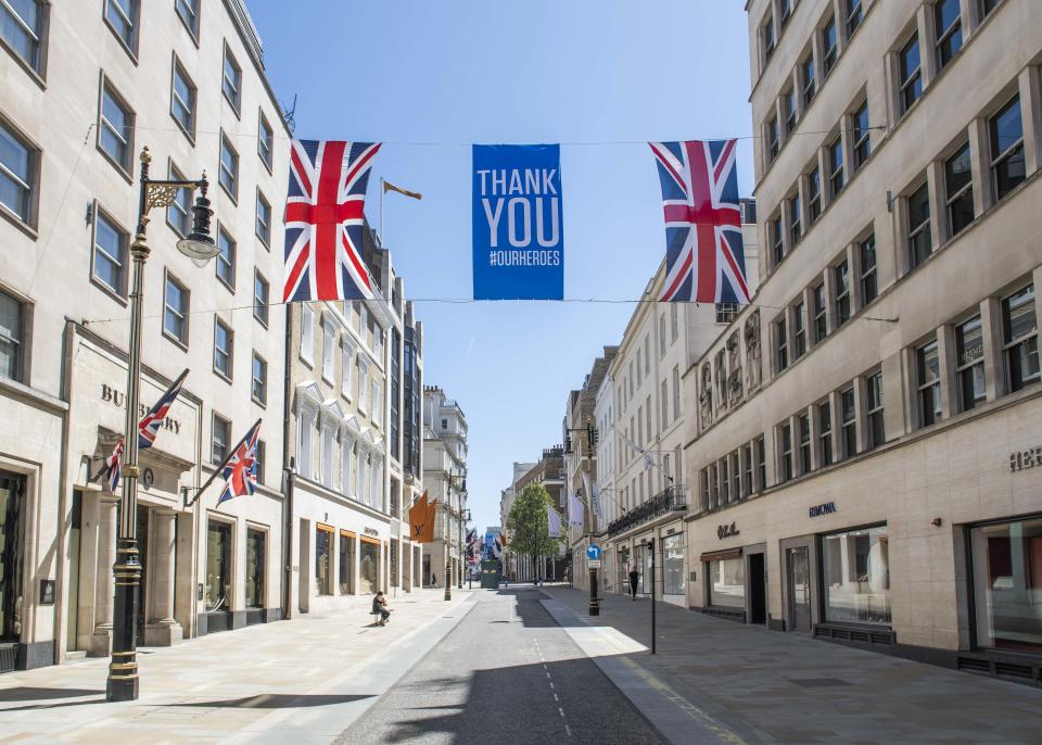 Thank You Our Heroes and Union Flags are displayed over New Bond Street in preparation for the shops to reopen as the Coronavirus lockdown eases,  Mayfair, London. Picture date: Friday 29th May 2020. Photo credit should read: David Jensen/EMPICS Entertainment