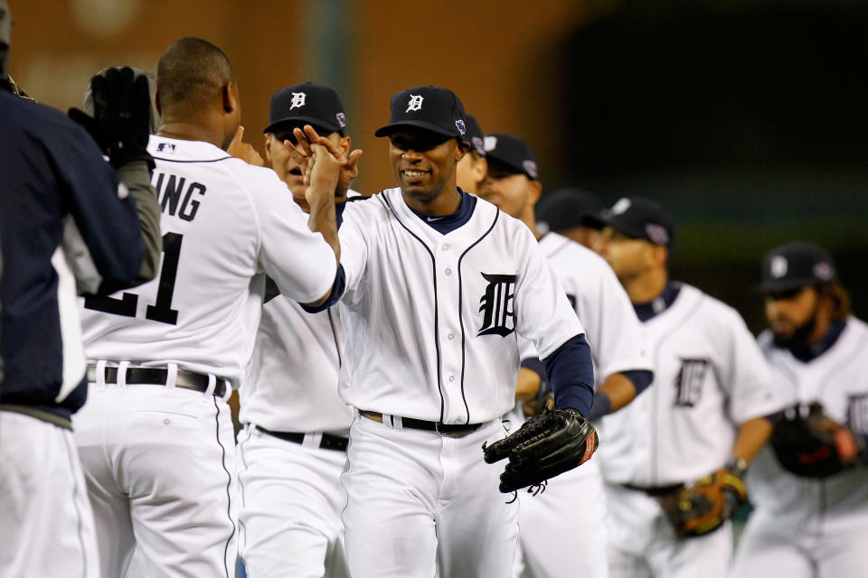 Austin Jackson #14 of the Detroit Tigers celebrates with teammates after they won 3-1 against the Oakland Athletics during Game One of the American League Division Series at Comerica Park on October 6, 2012 in Detroit, Michigan. (Photo by Gregory Shamus/Getty Images)