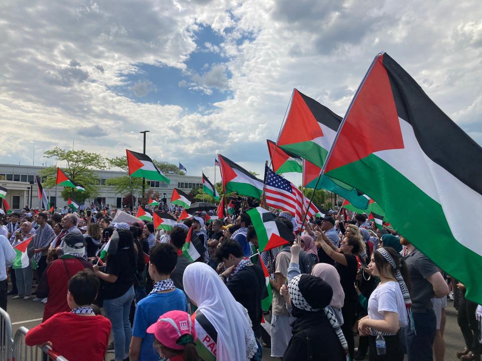 Hundreds gathered in Dearborn for a demonstration on Sunday, May 15, 2022, to commemorate the 74th anniversary of the mass expulsion of Palestinians from their homes by Israeli forces. The anniversary of the expulsion of Palestinians came days after famed Palestinian Al Jazeera journalist Shireen Abu Akleh was killed while covering an Israeli raid..