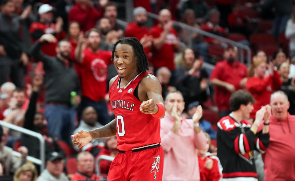 Louisville’s Mike James celebrates making a three against Georgia Tech Saturday night in the KFC Yum Center.
Feb. 10, 2024