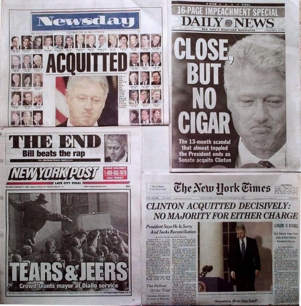 The Saturday, Feb. 13, 1999 editions of Newsday, Daily News, the New York Post and The New York Times feature the acquittal of President Clinton on their front pages.