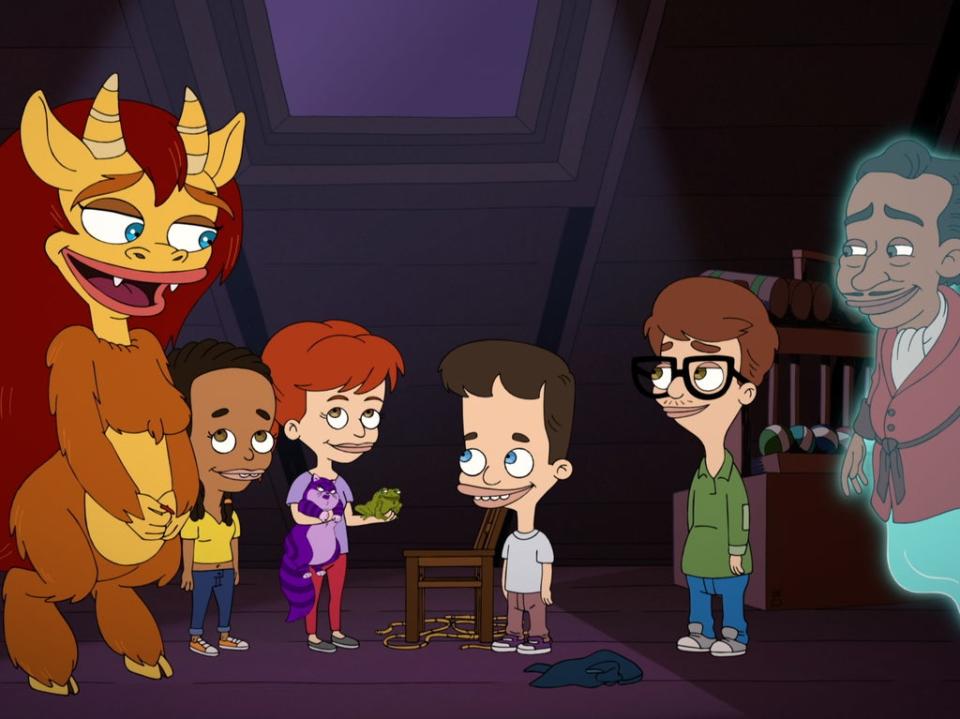 Mouthing off: (from left) Connie the Hormone Monstress (Maya Rudolph), Missy Foreman-Greenwald (Ayo Edebiri), Jessi Glaser (Jessi Klein), Nick Birch (Nick Kroll), Andrew Glouberman (John Mulaney), and Jordan Peele as Ghost of Duke Ellington (Netflix)