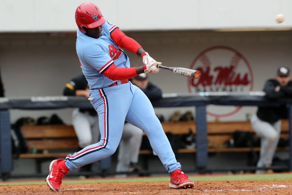 Ole Miss first baseman and defensive tackle Tywone Malone smashed a 404-foot home run on Feb. 27, 2022.