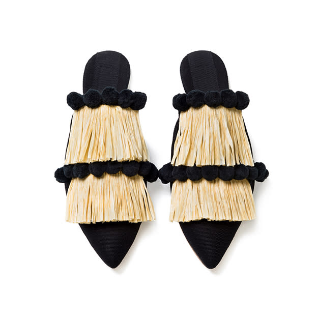 Sanayi 313 Raffia Pom Pom Slippers<br>Cotton Canvas, Natural Raffia & Black Pom Pom Embroidery, $776, <a href="http://shop.sanayi313.com/SANAYI-313-ATELIER/RAFFIA-POM-PON-SLIPPERS.aspx" rel="nofollow noopener" target="_blank" data-ylk="slk:Sanayi313.com;elm:context_link;itc:0;sec:content-canvas" class="link ">Sanayi313.com</a>