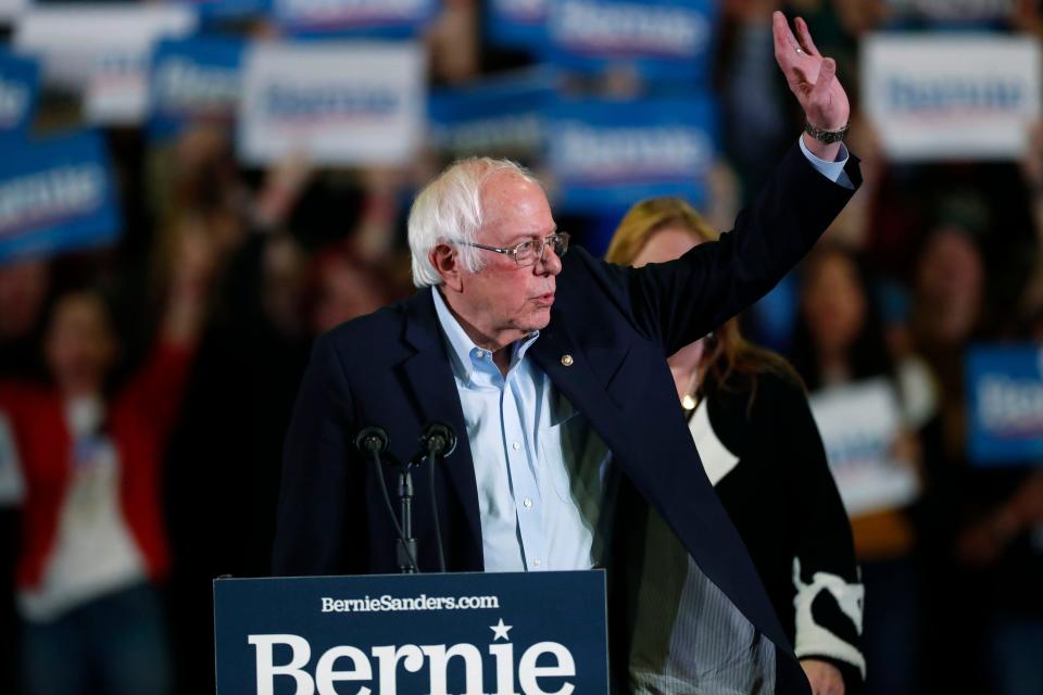Democratic presidential candidate Sen. Bernie Sanders, I-Vt., makes a point during a campaign stop late Sunday, Feb. 16, 2020, in Denver. (AP Photo/David Zalubowski)