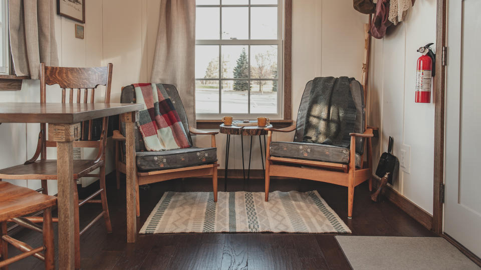 This photo provided by Settled and the Mosaic Christian Community shows the interior of one of the tiny homes planned for people coming out of chronic homelessness in St. Paul, Minn., in the fall of 2021. (John Swee/Dodge Creative Photography/Settled/Mosaic Christian Community via AP)