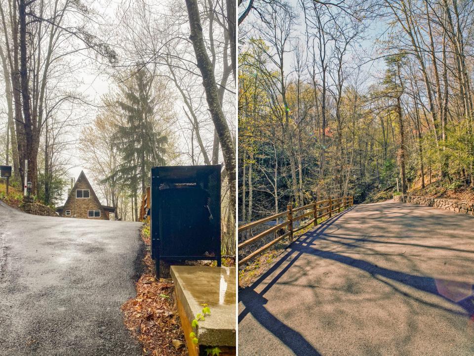 Side by side of driveway, Joey Hadden, " I spent 2 nights in a cozy A-frame cabin for the first time while visiting the Great Smoky Mountains"