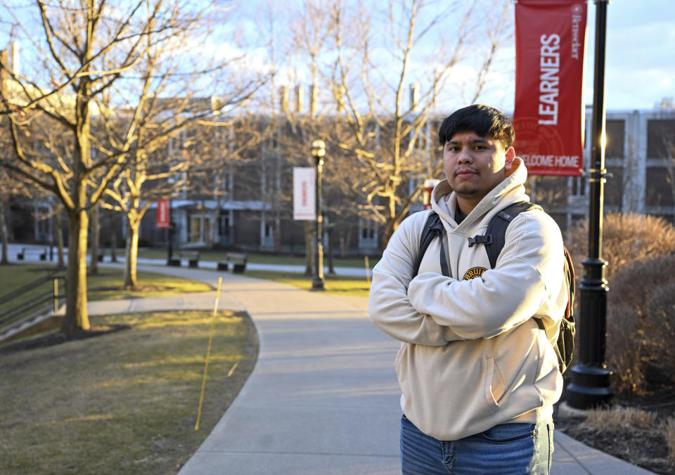 Jesus Noyola, a sophomore attending Rensselaer Polytechnic Institute, poses for a portrait outside the Folsom Library, Tuesday, Feb. 13, 2024, in Troy, N.Y. A later-than-expected rollout of a revised Free Application for Federal Student Aid, or FASFA, that schools use to compute financial aid, is resulting in students and their parents putting off college decisions. Noyola said he hasn’t been able to submit his FAFSA because of an error in the parent portion of the application. “It’s disappointing and so stressful since all these issues are taking forever to be resolved,” said Noyola, who receives grants and work-study to fund his education. (AP Photo/Hans Pennink)