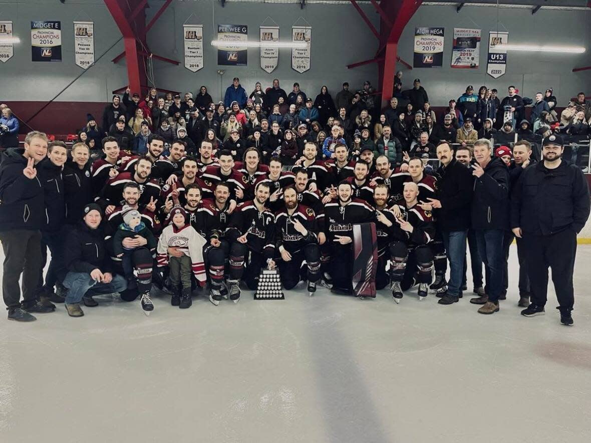 The Southern Shore Breakers claimed the 2023 Herder Memorial Trophy in a 6-2 win Sunday afternoon over the Deer Lake Red Wings.  (Avalon East Senior Hockey League/Twitter - image credit)