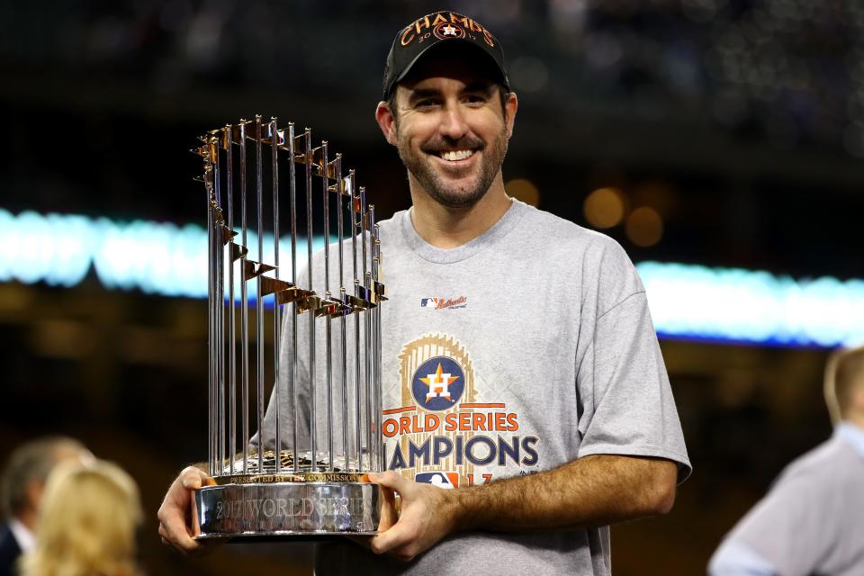 Justin Verlander holds the Commissioner's Trophy after the Astros defeated the Dodgers, 5-1, in Game 7 to win the 2017 World Series at Dodger Stadium on Nov. 1, 2017 in Los Angeles.