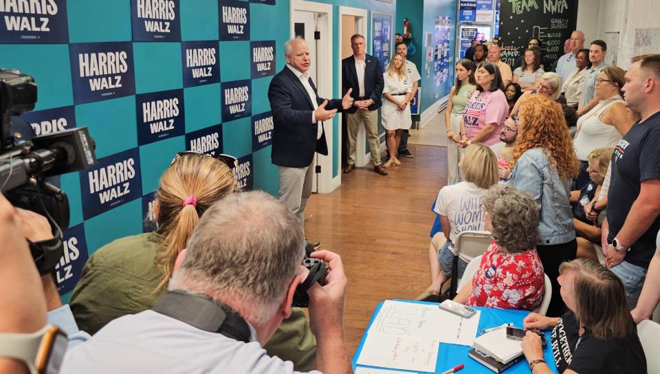 Democratic vice presidential candidate Tim Walz speaks to volunteers at the Harris-Walz office in Erie, Pennsylvania on September 5, 2024.