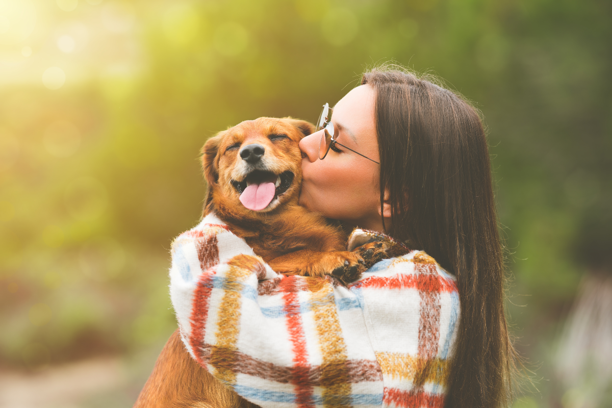 A woman cuddling and kissing her happy pet dog<p>Creative Cat Studio via Shutterstock</p>