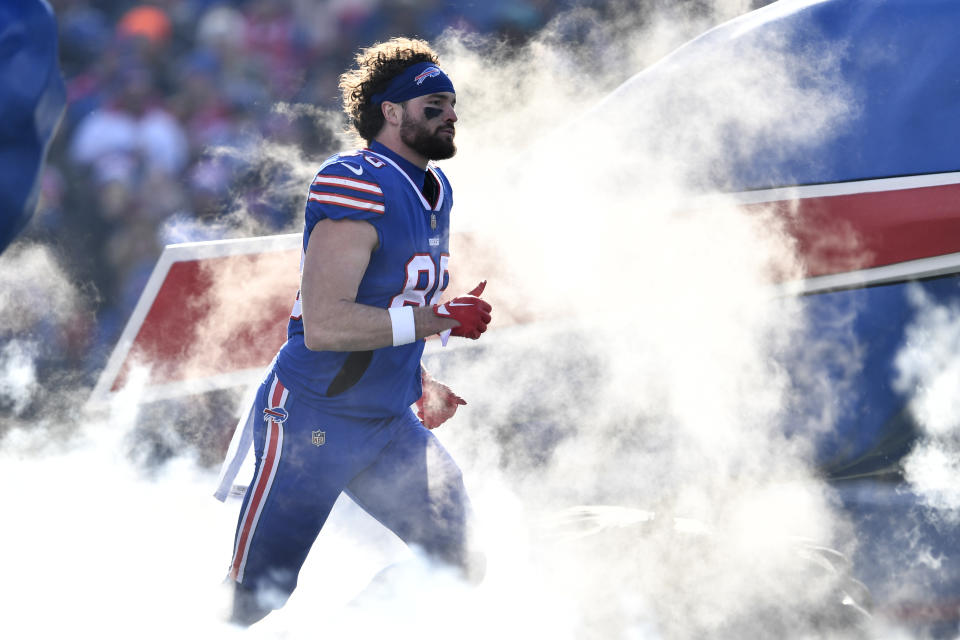 Buffalo Bills tight end Dawson Knox (88) arrives on the field prior to an NFL wild-card playoff football game against the Miami Dolphins, Sunday, Jan. 15, 2023, in Orchard Park, N.Y. (AP Photo/Adrian Kraus)
