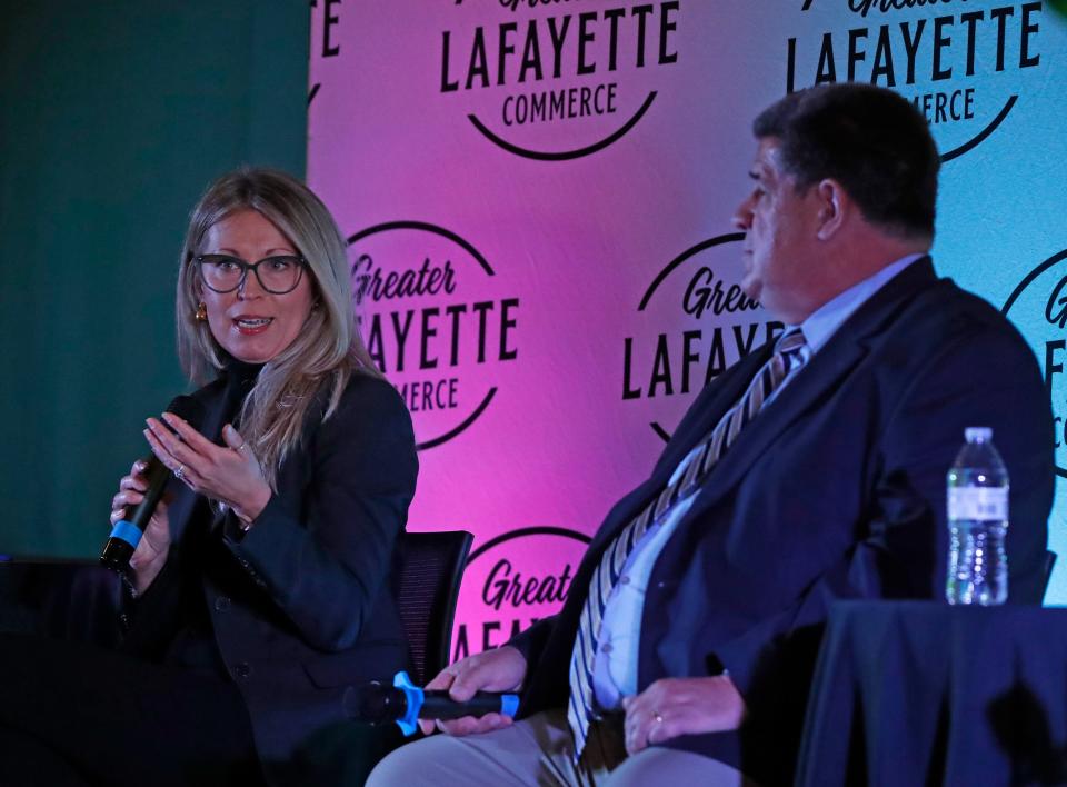 West Lafayette Mayor Erin Easter and Lafayette Mayor Tony Roswarski sit in on a panel during the 2024 Quarterly Development Series: State of the Cities and County, Thursday, Feb. 22, 2024, at the Tippecanoe County Fairgrounds in Lafayette, Ind.