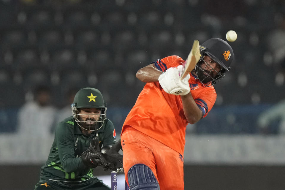 Netherlands' Vikram Singh plays a shot during the ICC Men's Cricket World Cup match between Pakistan and Netherlands in Hyderabad, India, Friday, Oct. 6, 2023. (AP Photo/Mahesh Kumar A.)