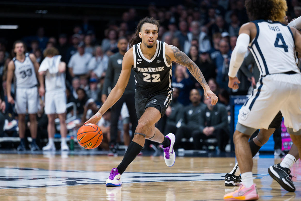 INDIANAPOLIS, IN - FEBRUARY 10: Providence Friars guard Devin Carter (22) dribbles down the court during the men's college basketball game between the Butler Bulldogs and Providence Friars on February 10, 2024, at Hinkle Fieldhouse in Indianapolis, IN. (Photo by Zach Bolinger/Icon Sportswire via Getty Images)