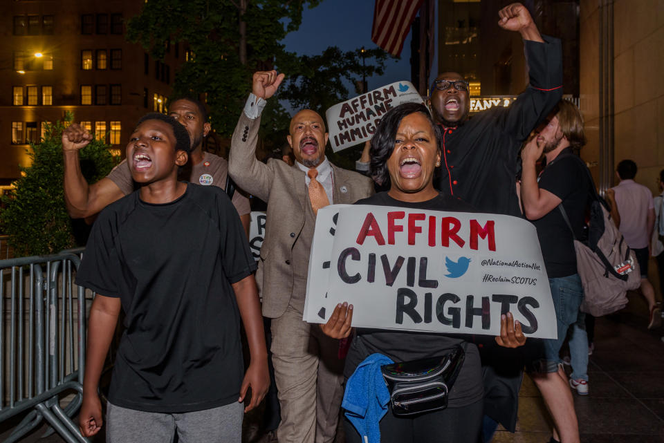 <p>National Action Network (NAN) leadership and leading activists commited an act non violent civil disobedience outside Trump Tower in New York on July 9, 2018, resisting Trump SCOTUS nominee from day one and call on Senator Chuck Schumer and the Democrats to hold the Line at all costs. (Photo: Erik Mcgregor/Pacific Press via ZUMA Wire) </p>