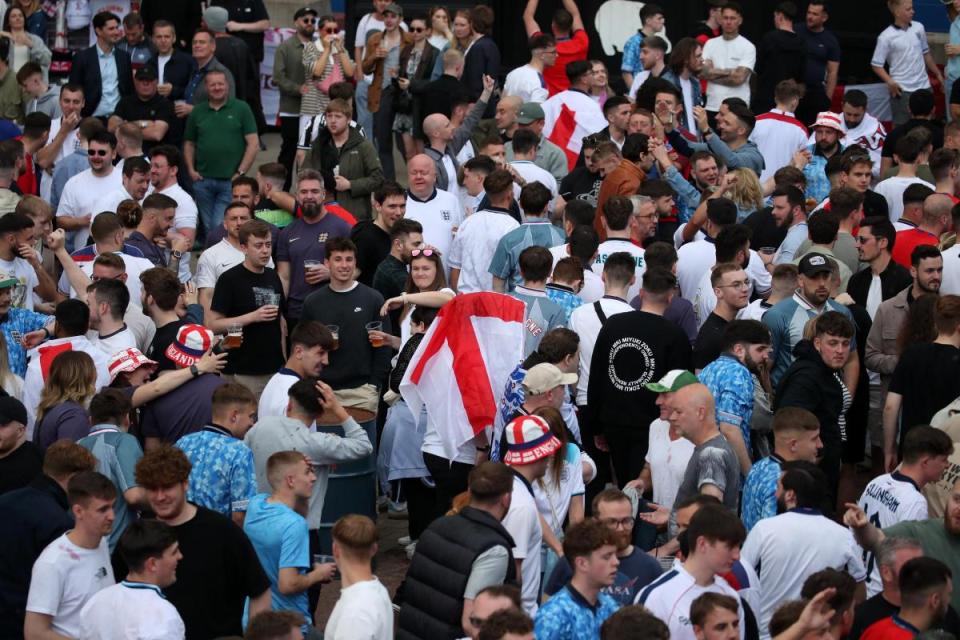 England fans at Central Park, Newcastle, watching a screening of the UEFA Euro 2024 Group C match between Denmark and England. <i>(Image: PA Images)</i>