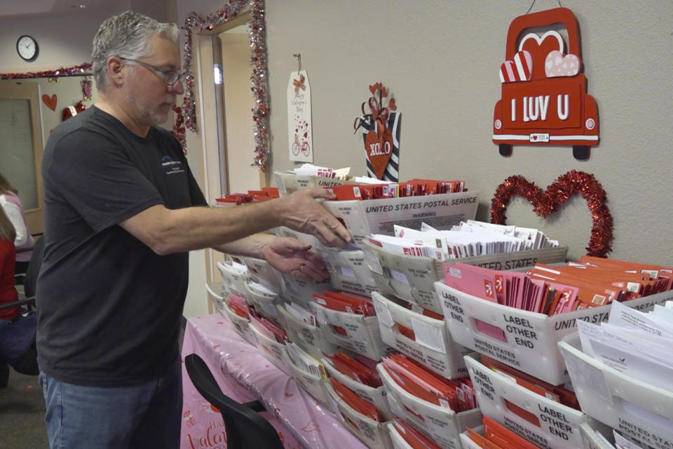 A volunteer sorts Valentine's Day cards in Loveland, Colo., on Wednesday, Feb. 7, 2024. Every year, tens of thousands of people from around the world route their Valentine’s Day cards to the “Sweetheart City” to get a special inscription and the coveted Loveland postmark. The re-mailing tradition has been going on for nearly 80 years and is the largest of its kind in the world. (AP Photo/Thomas Peipert)