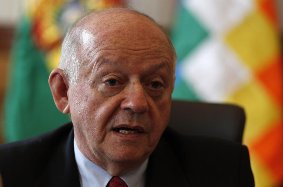 Walter Oscar Serrate, Bolivia's newly appointed ambassador to the United States, speaks during an interview at the Foreign Ministry in La Paz, Bolivia, Thursday, Nov. 28, 2019. (AP Photo/Juan Karita)