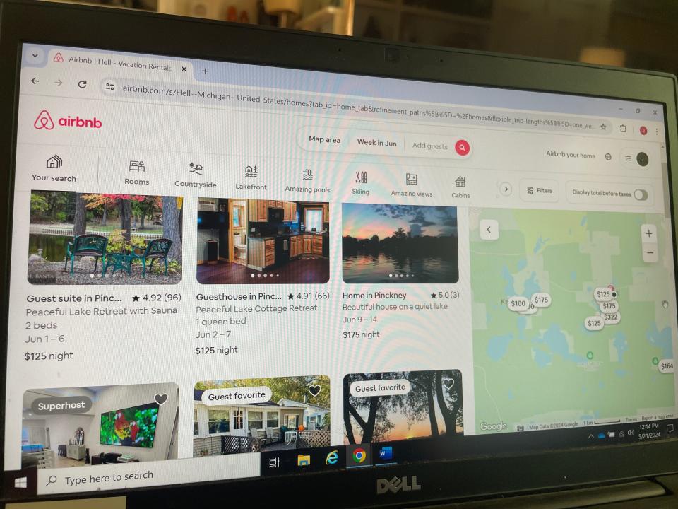 A photo of an Airbnb search for short-term rentals in Hell, Michigan, is captured Tuesday, May 21, 2024.