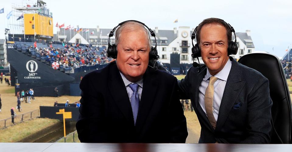 CARNOUSTIE, SCOTLAND - JULY 20: NBC commenators Johnny Miller and Dan Hicks appear on set during the second round of the 147th Open Championship at Carnoustie Golf Club on July 20, 2018 in Carnoustie, Scotland. (Photo by Andrew Redington/Getty Images)
