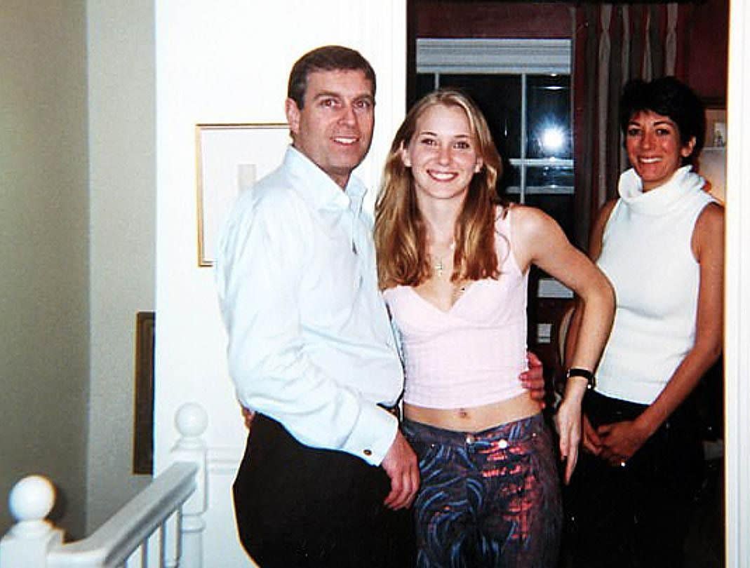 Jeffrey Epstein accuser Virginia Giuffre, center, alleges that she was intimate with Prince Andrew, left, at the London home of Ghislaine Maxwell, right. Giuffre, then 17, is shown with Prince Andrew and Maxwell at Maxwell's London townhouse in 2001.