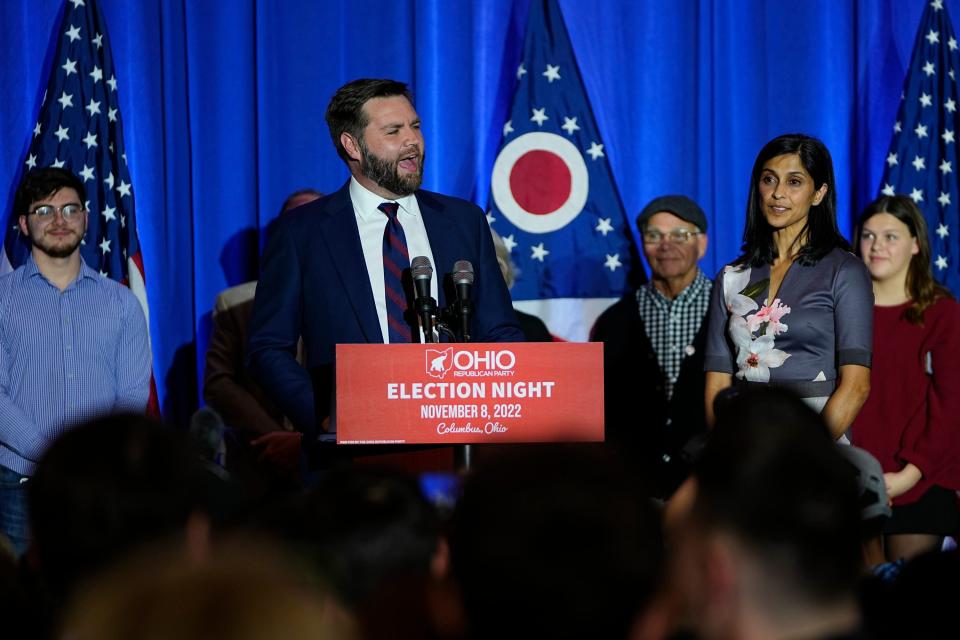 J.D. Vance gives his victory speech during an election night party for Republican candidates for statewide offices at the Renaissance Hotel in downtown Columbus.