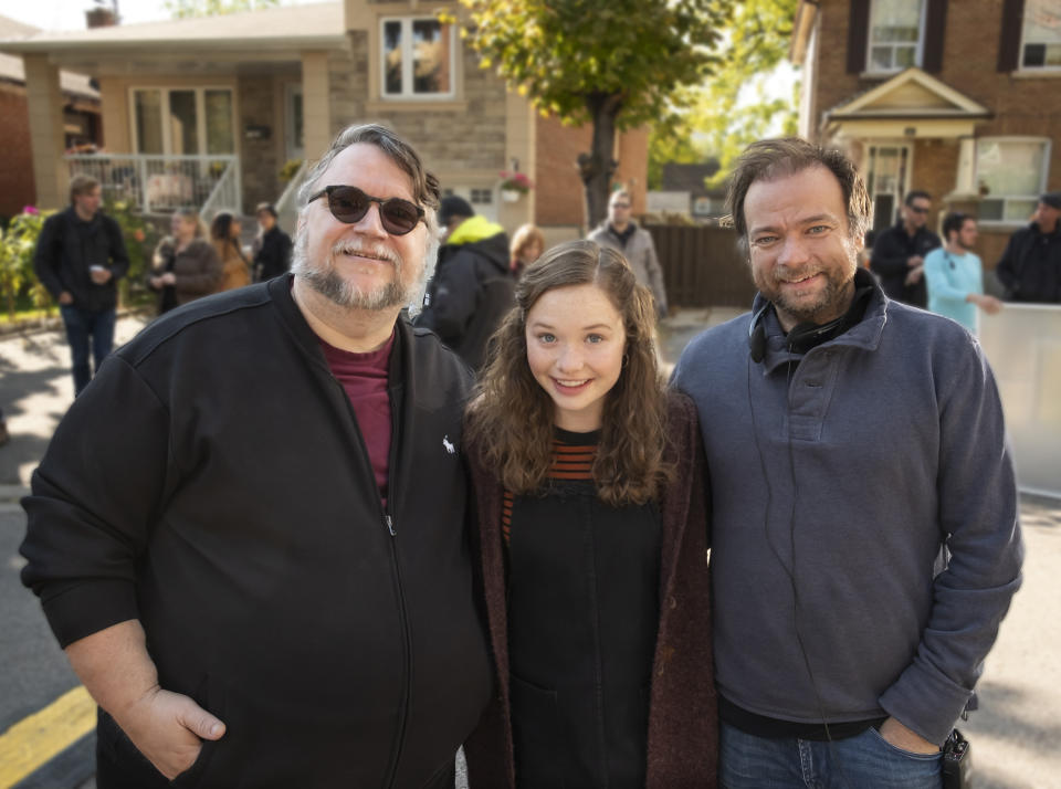 Guillermo Del Toro, Zoe Colletti and André Øvredal on the 'Scary Stories' set (Photo: George Kraychyk/CBS Films/Lionsgate)