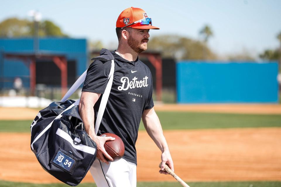 Detroit Tigers catcher Jake Rogers walks off the field after practice during spring training at Tigertown in Lakeland, Fla. on Wednesday, Feb. 14, 2024.
