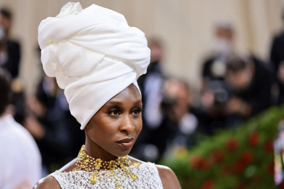 Close-up of Cynthia Erivo in a headscarf