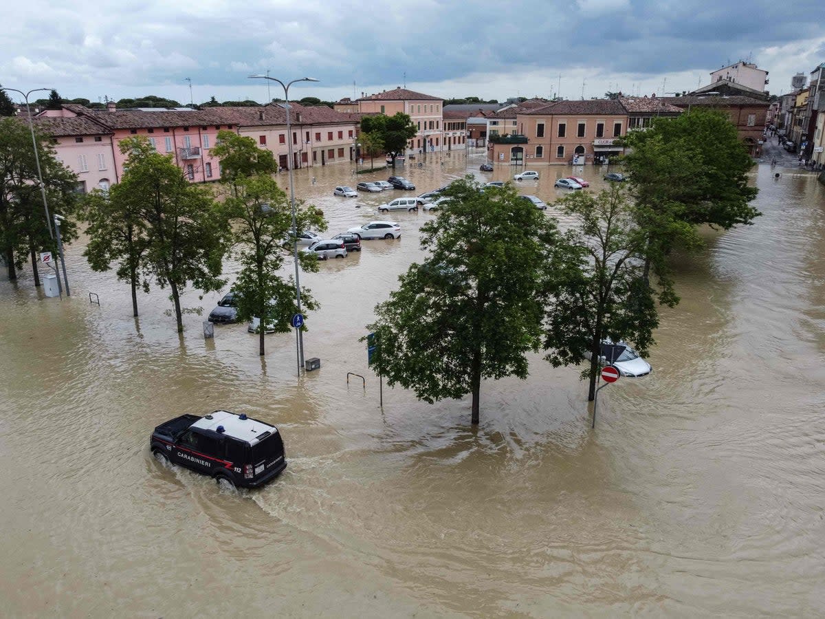 The flooded town square in Lugo, near Ravenna, northern Italy on Thursday (AFP via Getty)