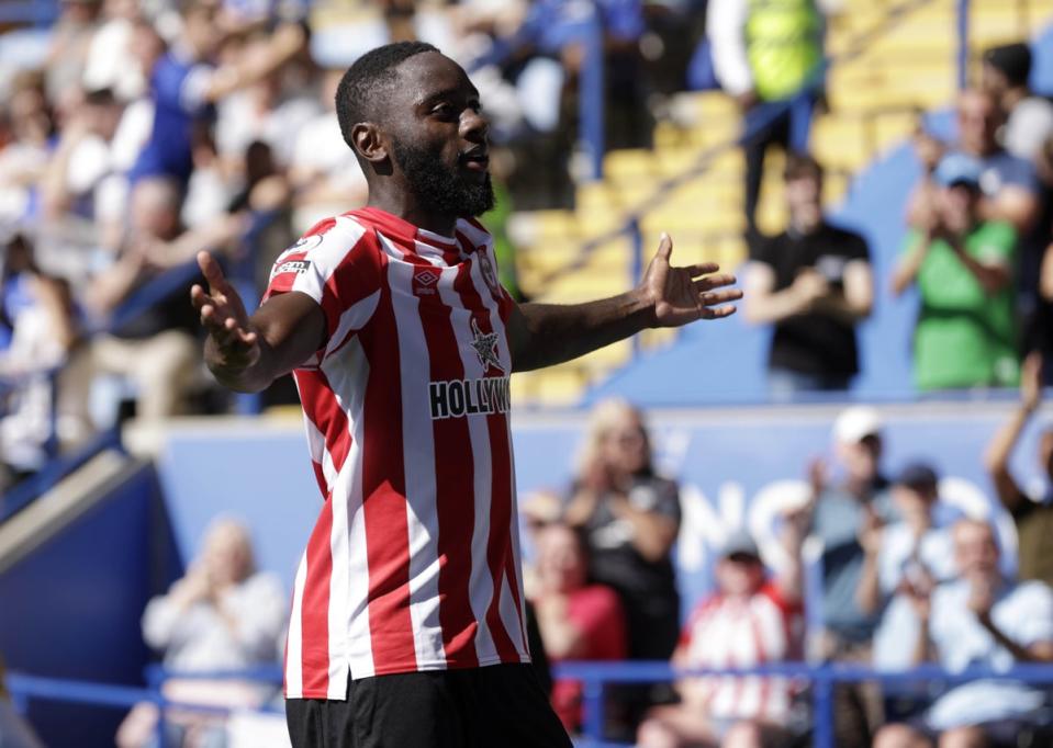 Brentford’s Josh Dasilva celebrates scoring the equaliser against Leicester (Richard Sellers/PA) (PA Wire)