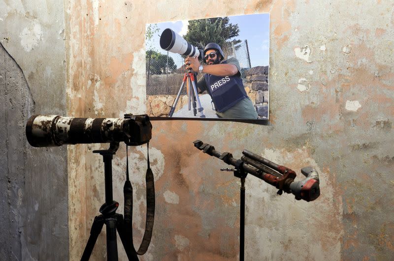 The gear that belonged to Reuters journalist Issam Abdallah is displayed during a press conference by Amnesty International and Human Rights Watch in Beirut